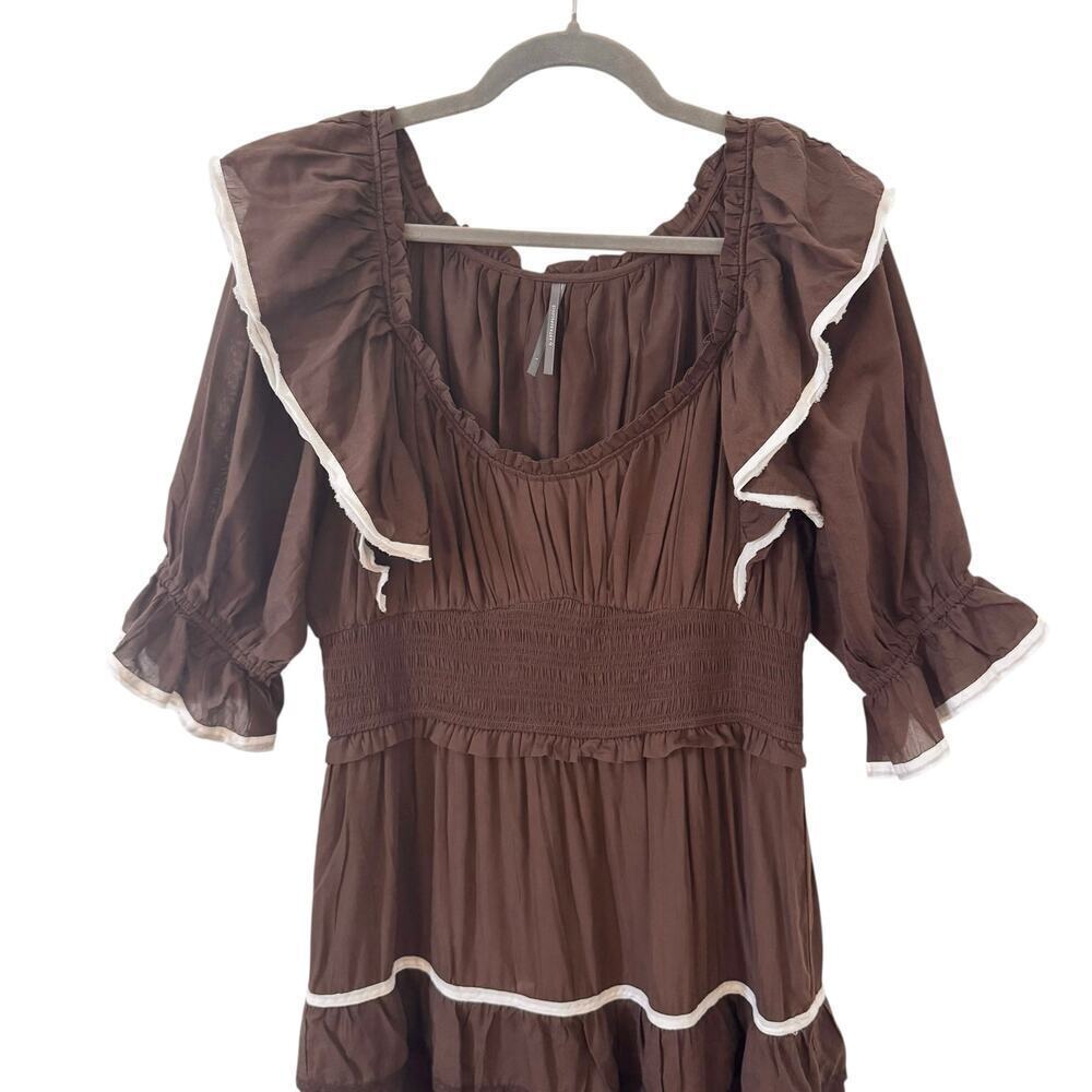 Anthropologie Puff Sleeve Scoop-Neck Tiered Maxi Dress Brown Western Size L - Picture 5 of 12